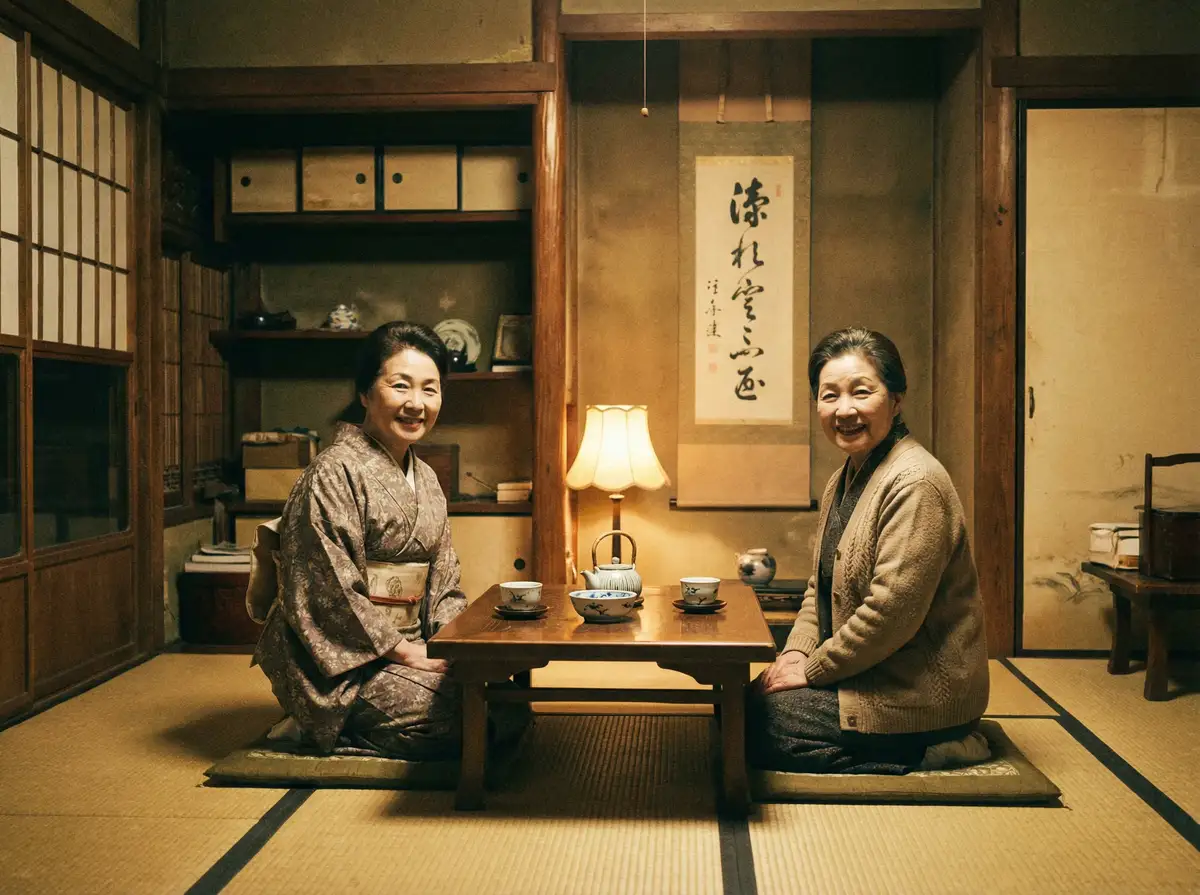 两位优雅的 迪拜皇宫平台 在日式茶室中品茶交谈